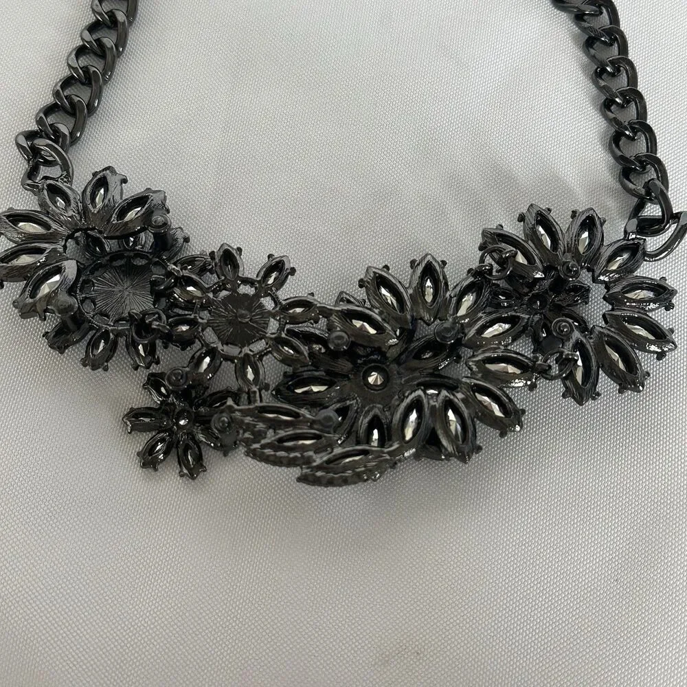 Joan Rivers Statement Necklace Rhinestone Blue Flowers Gunmetal Chain with Clasp
